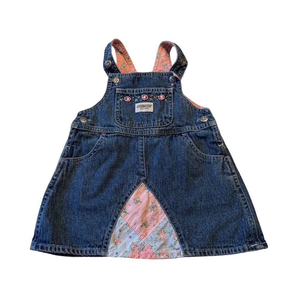 OshKosh Bgosh Vtg 12M Denim Floral Patchwork Overall Dress Rose Embroidery
